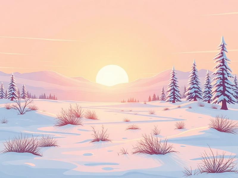 Amanecer dorado sobre tundra nevada con pinos cubiertos de nieve, ilustración vectorial